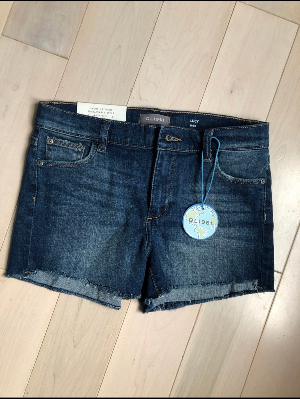 DL1961 Lucy Dark Blue Denim Shorts with Frayed Hem